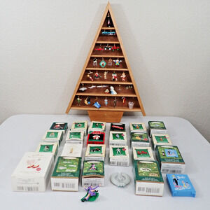Hallmark Miniature Keepsake Ornaments 31 pcs w/Wood Shadow Box Memory Tree LN
